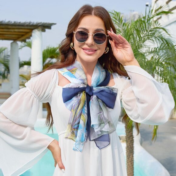 Women's Navy 1 Fashion Lightweight Head Scarf Floral Print Chiffon Scarves - Picture 3 of 6